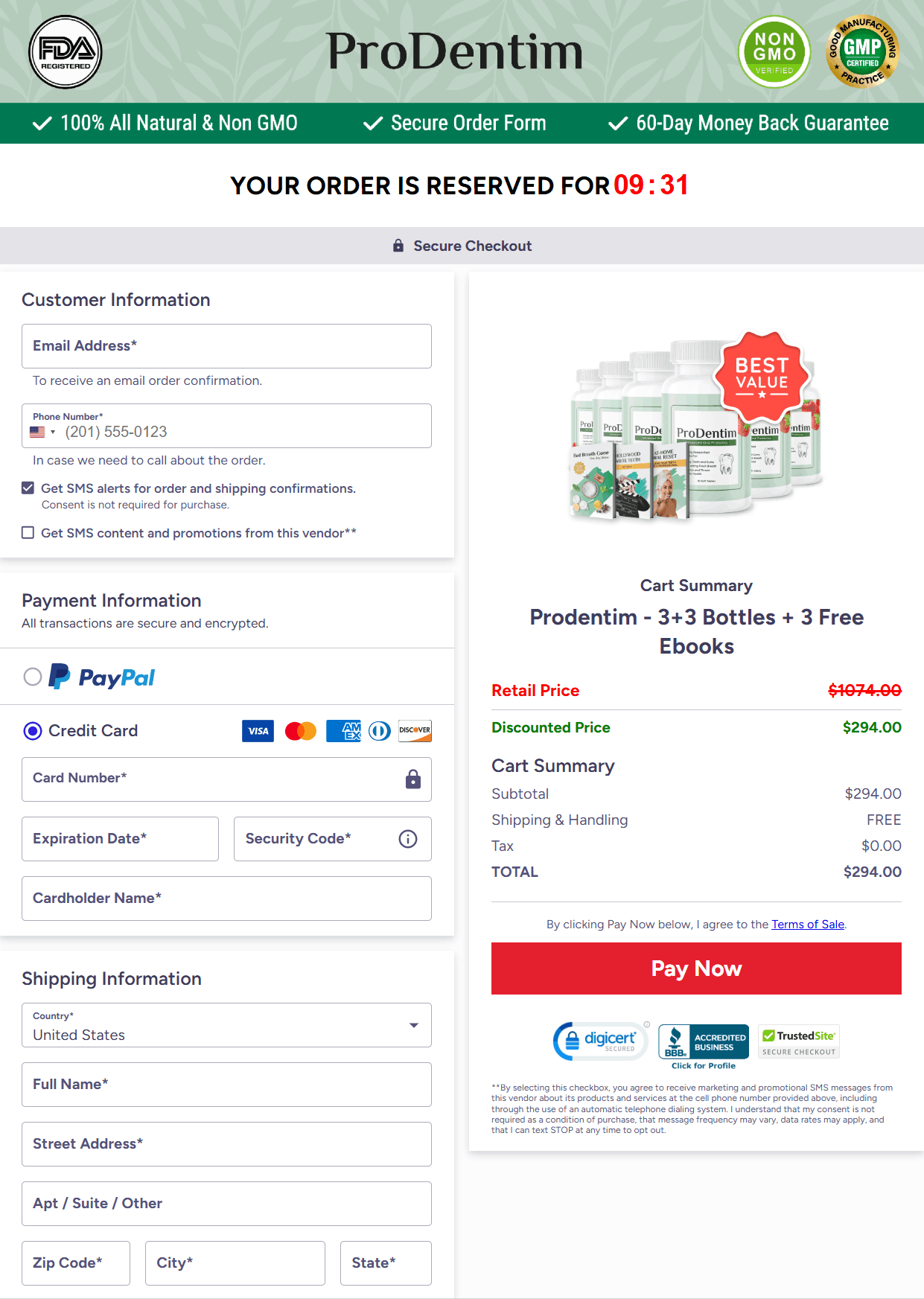 ProDentim secure checkout page showing customer information, payment information, shipping information, and order summary