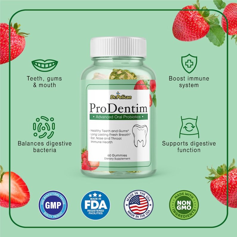 ProDentim benefits — teeth, gums and mouth support, boosts immune system, balances digestive bacteria, supports digestive function, GMP, FDA registered, made in the USA, non-GMO