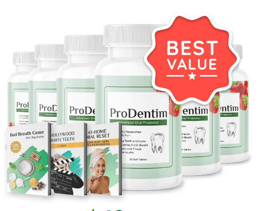 ProDentim 6 bottles — 180 day supply, with Bad Breath Gone, Hollywood White Teeth, and At-Home Oral Reset bonus guides
